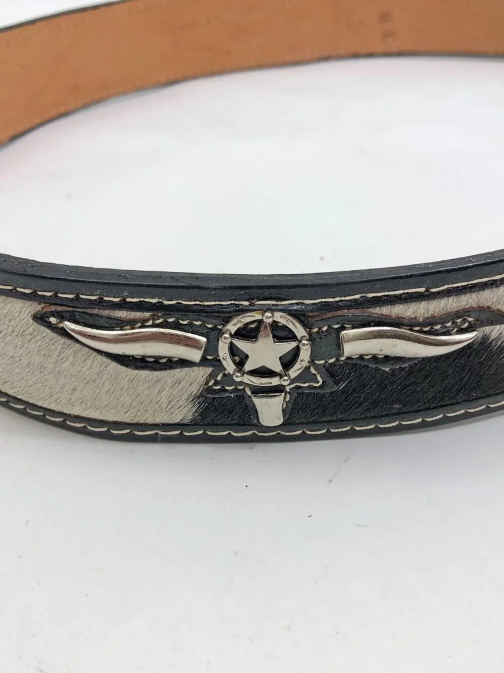 Western leather Belt Size 38 Black & Ivory Fur Silvertone Buckle & Longhorn